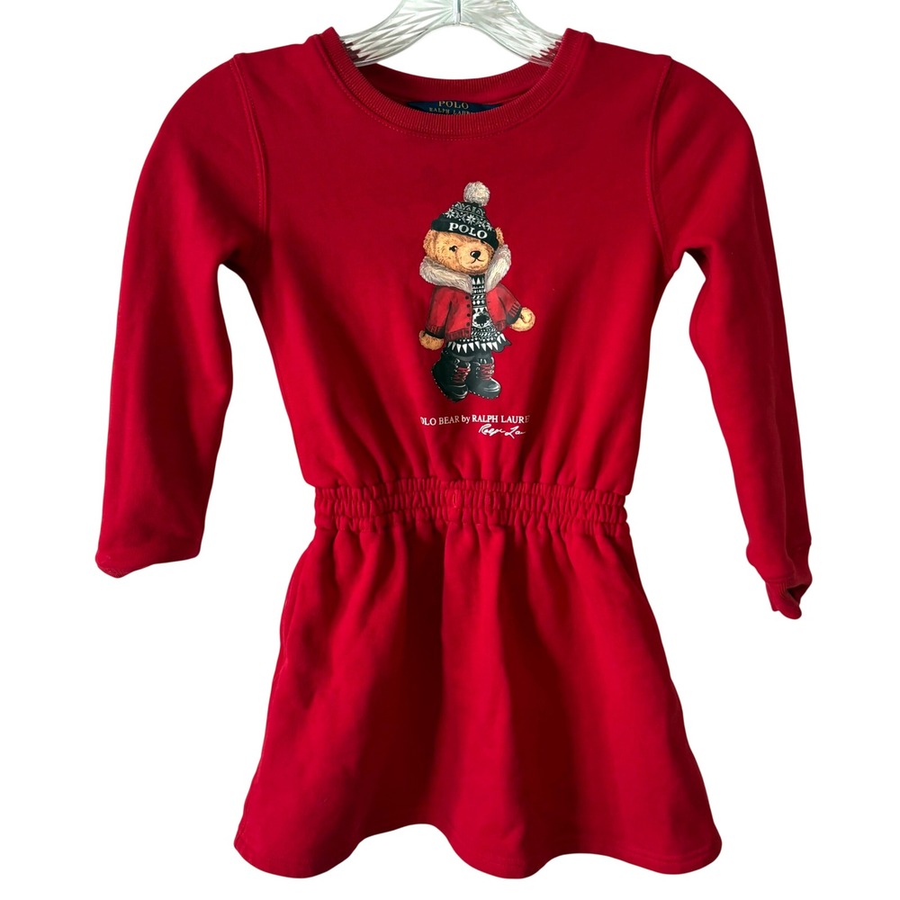Polo Ralph Lauren Girl's Red Polo Bear Winter Long Sleeve Dress in Size 6